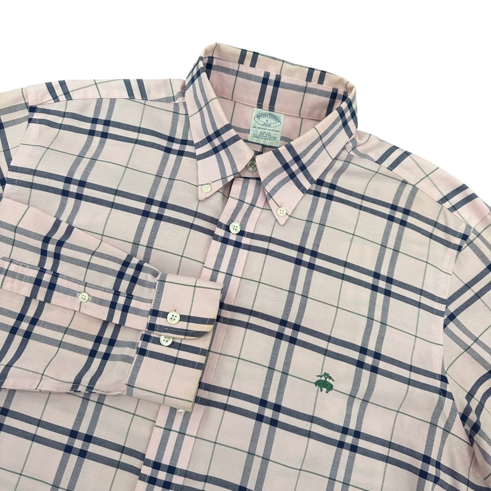 Brooks Brothers 346 Mens Large Slim Fit Non-Iron Pink Plaid Supima Cotton Shirt